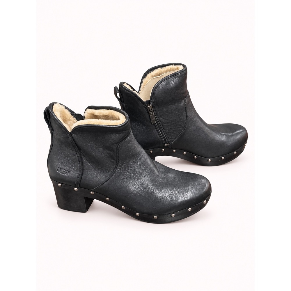 NWT UGG Cedrick Black Leather Studded Shearling Clog Ankle Boots 1013052 Size 12